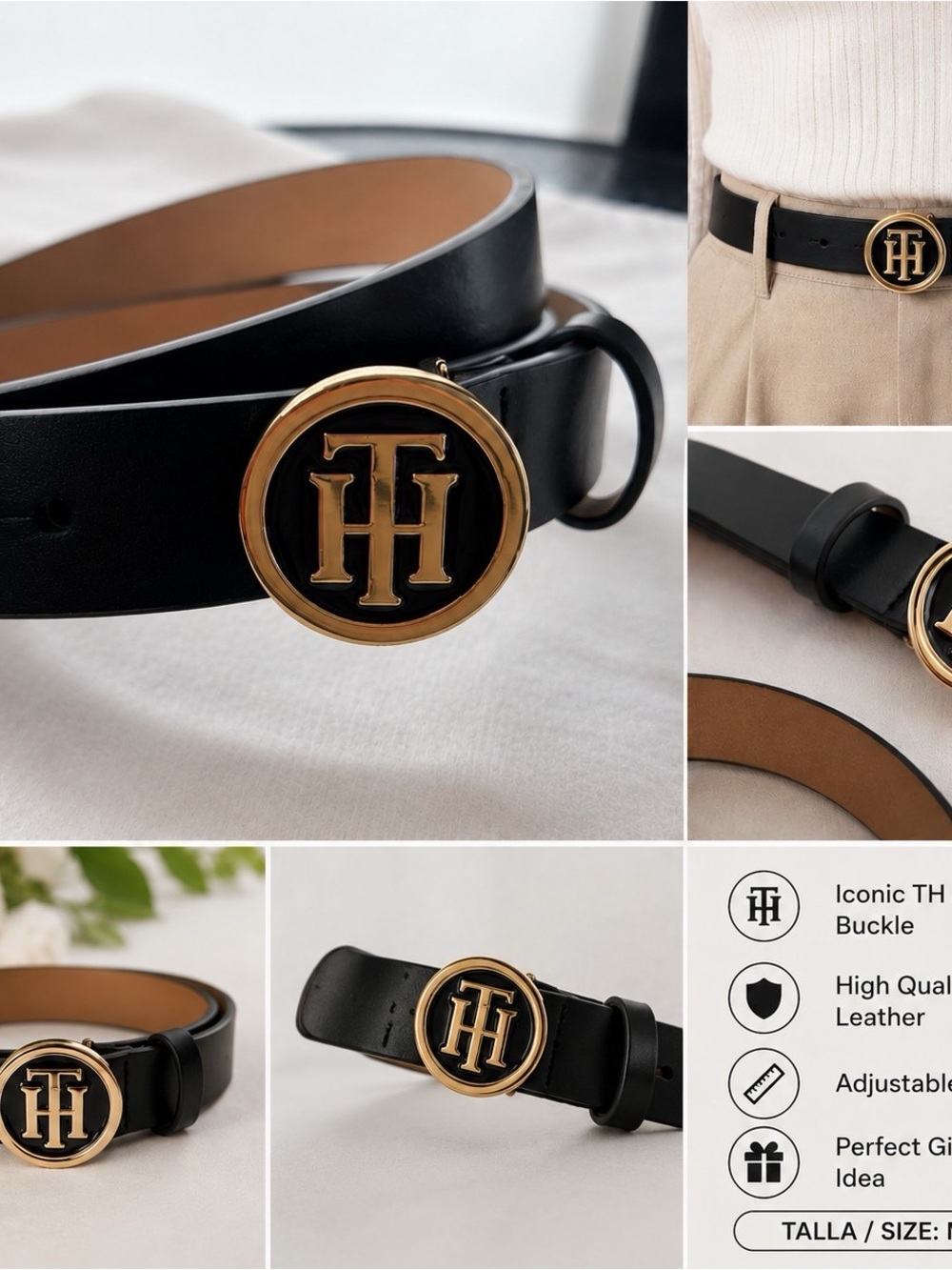 Tommy Hilfiger Black Leather Belt with Gold TH Round Buckle